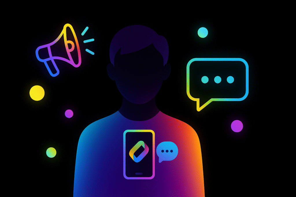 Abstract illustration of a colorful silhouette with chat and megaphone icons, symbolizing Web3 micro-influencers
