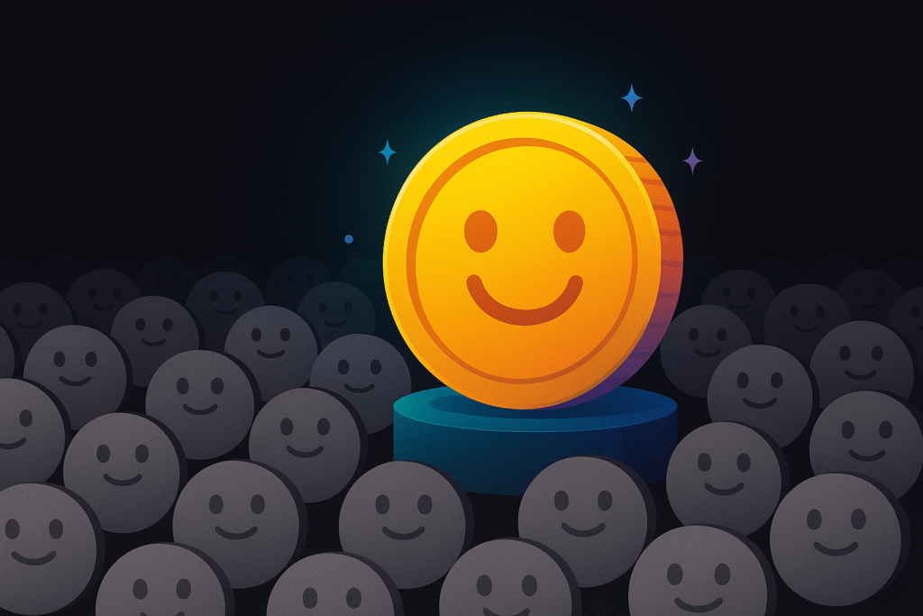 Bright golden coin with a smile standing out among gray coins, symbolizing uniqueness in the memecoin market.
