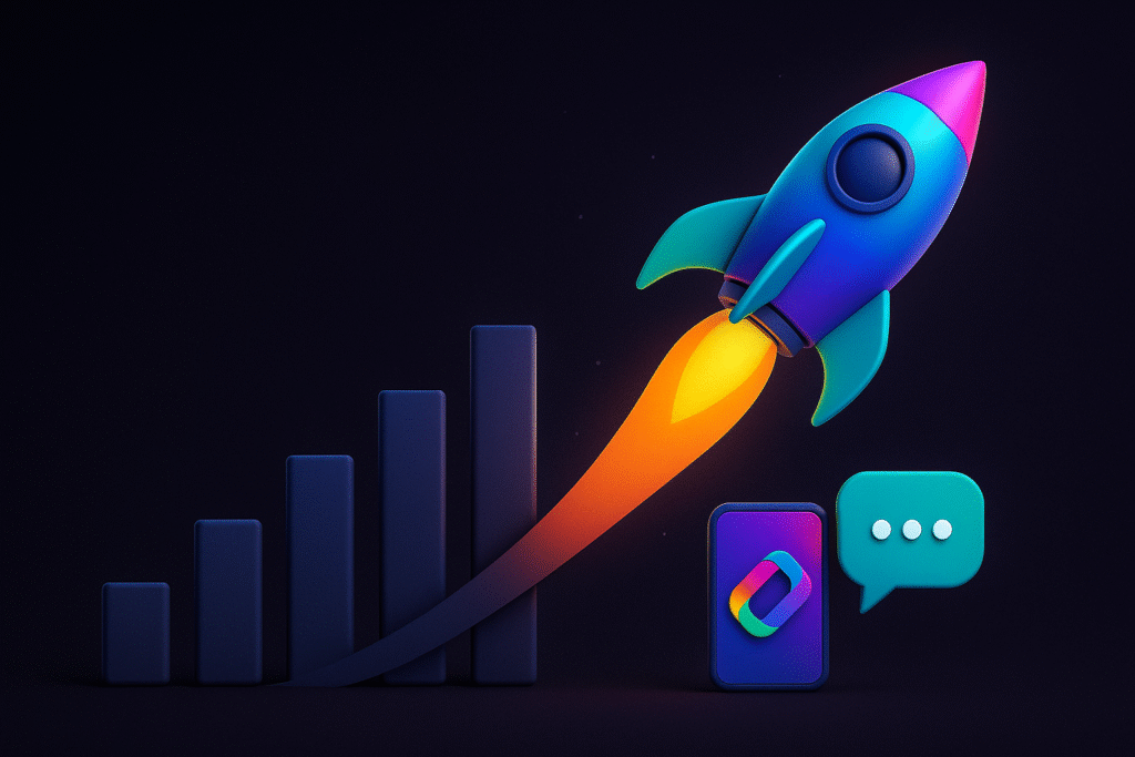 Colorful 3D rocket launching upward beside a rising bar chart on a dark background, symbolizing growth and success.