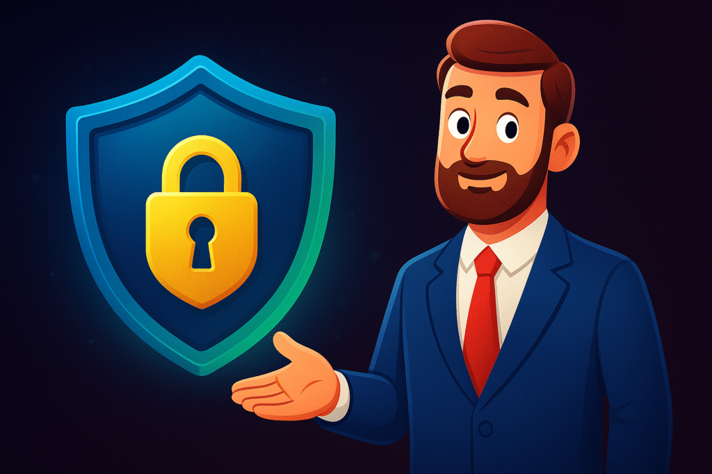 Friendly cartoon businessman beside a glowing shield with a golden lock, symbolizing trust and transparency in crypto marketing.