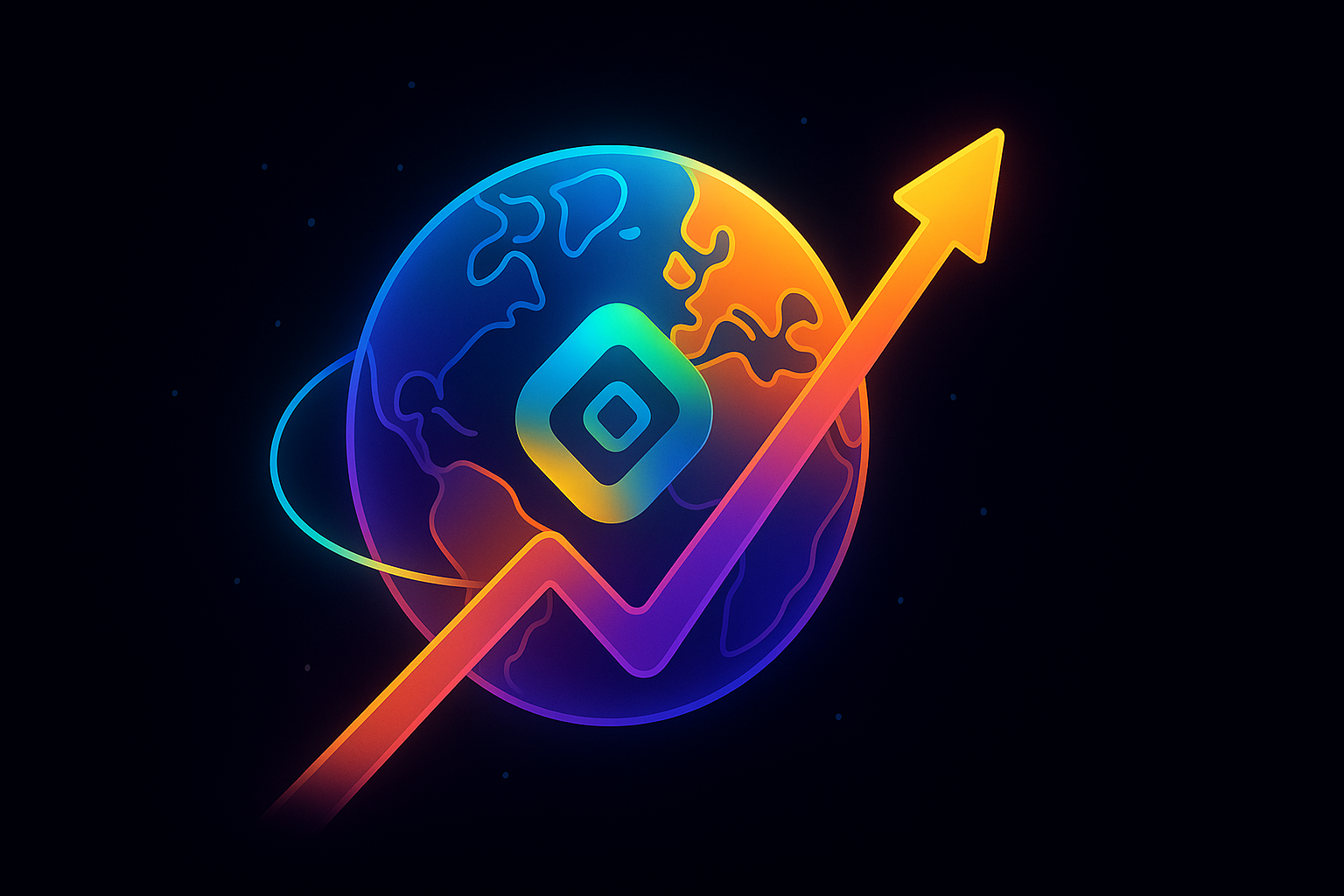 Glowing colorful globe with an upward arrow on a black background, symbolizing the future growth of crypto marketing.