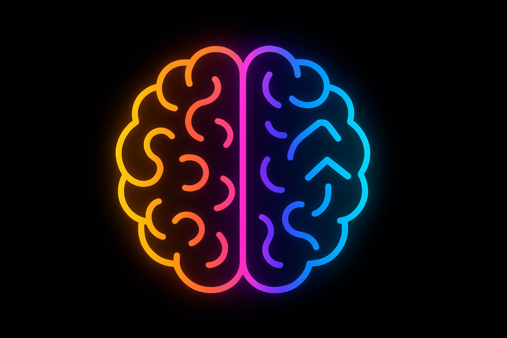 Glowing neon brain in gradient colors on a black background, symbolizing psychology and creativity in crypto branding.