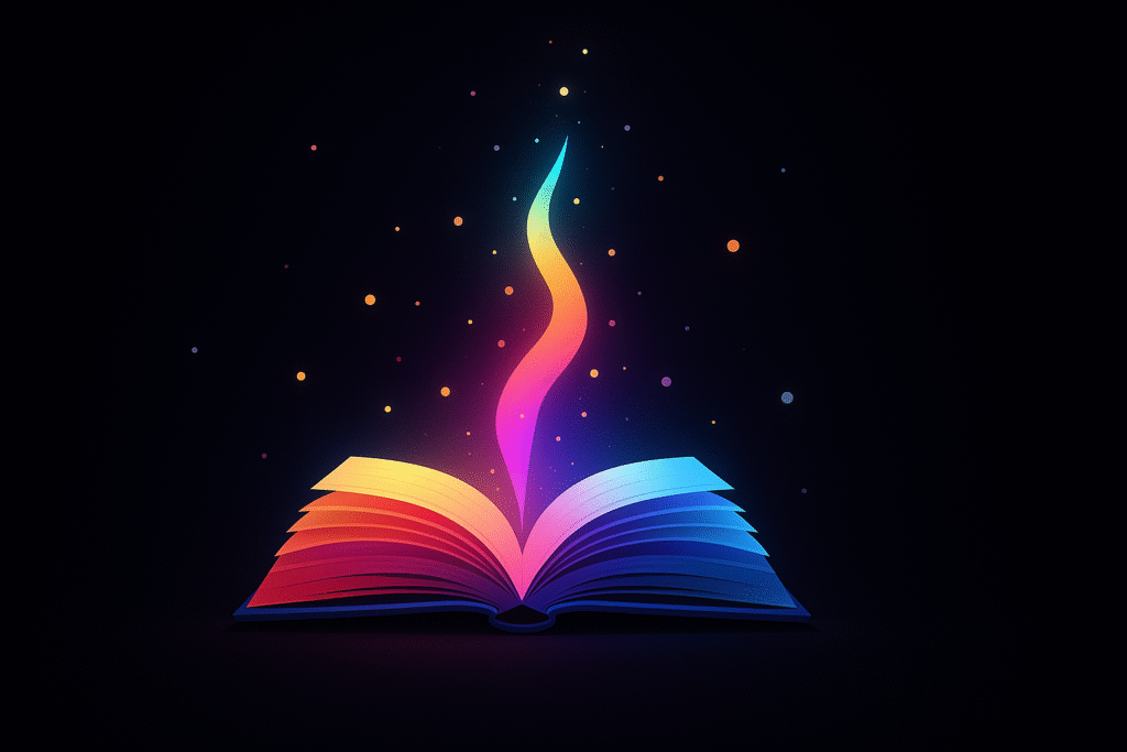 Glowing colorful light emerging from an open book on a dark background, symbolizing storytelling in crypto marketing.
