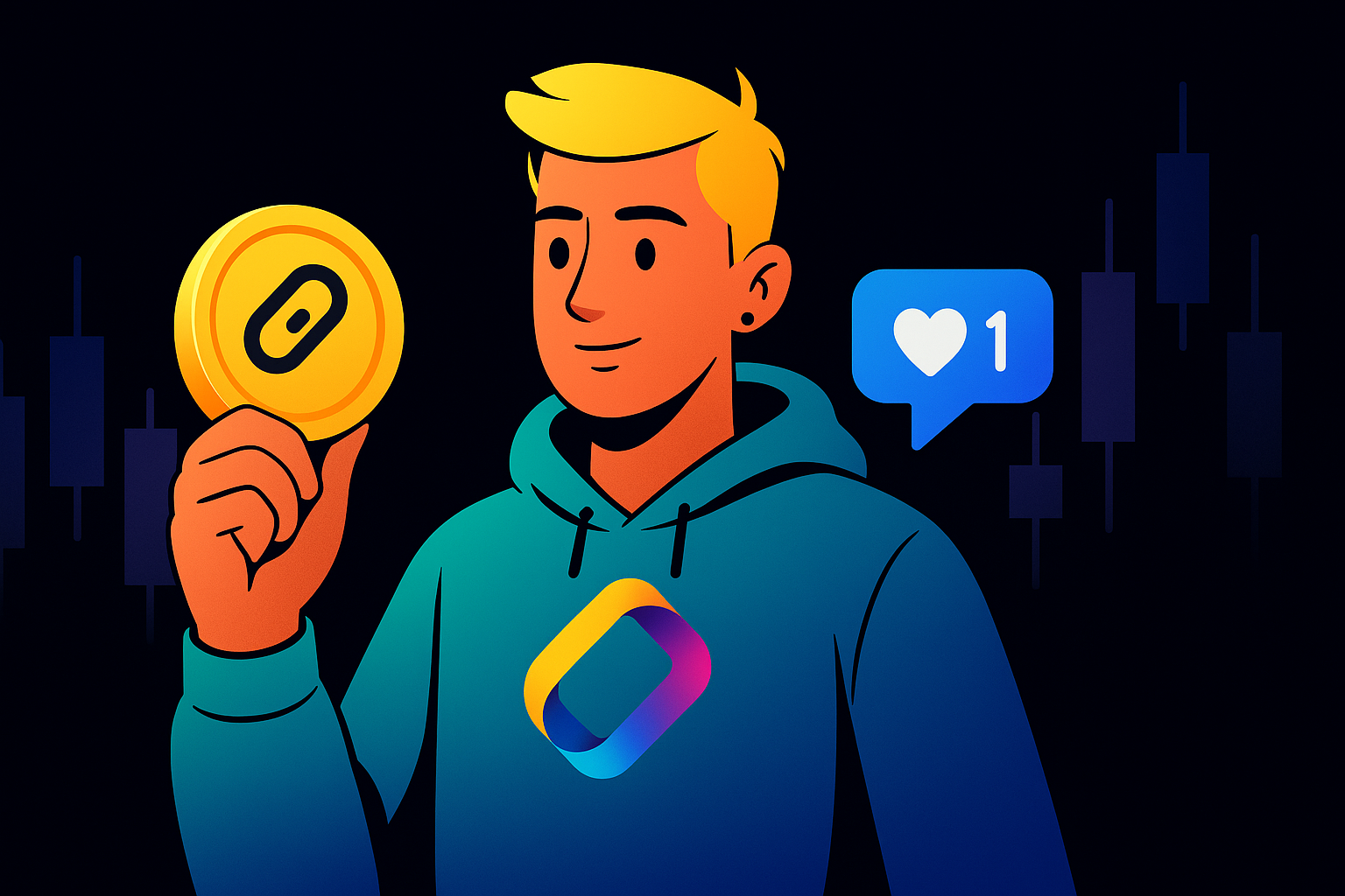 Stylized crypto influencer holding a glowing coin with social icons, symbolizing KOLs and digital influence in Web3.