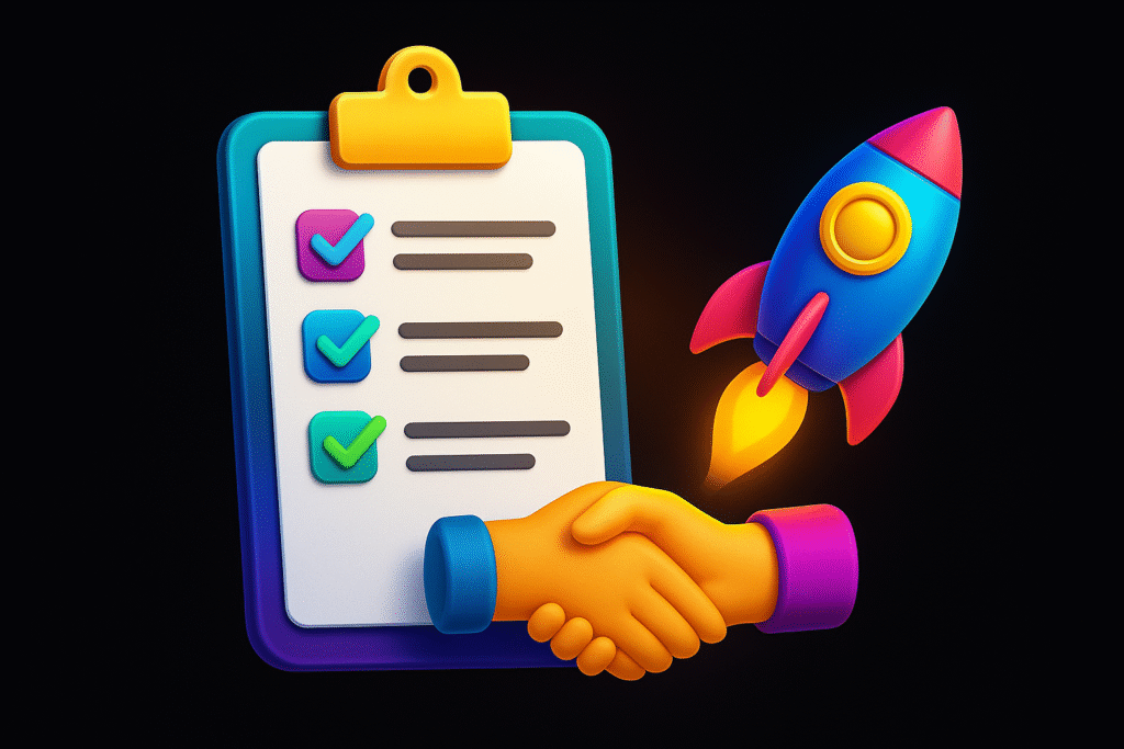 Colorful rocket launching beside a glowing checklist and handshake, symbolizing a marketing plan before a token launch.