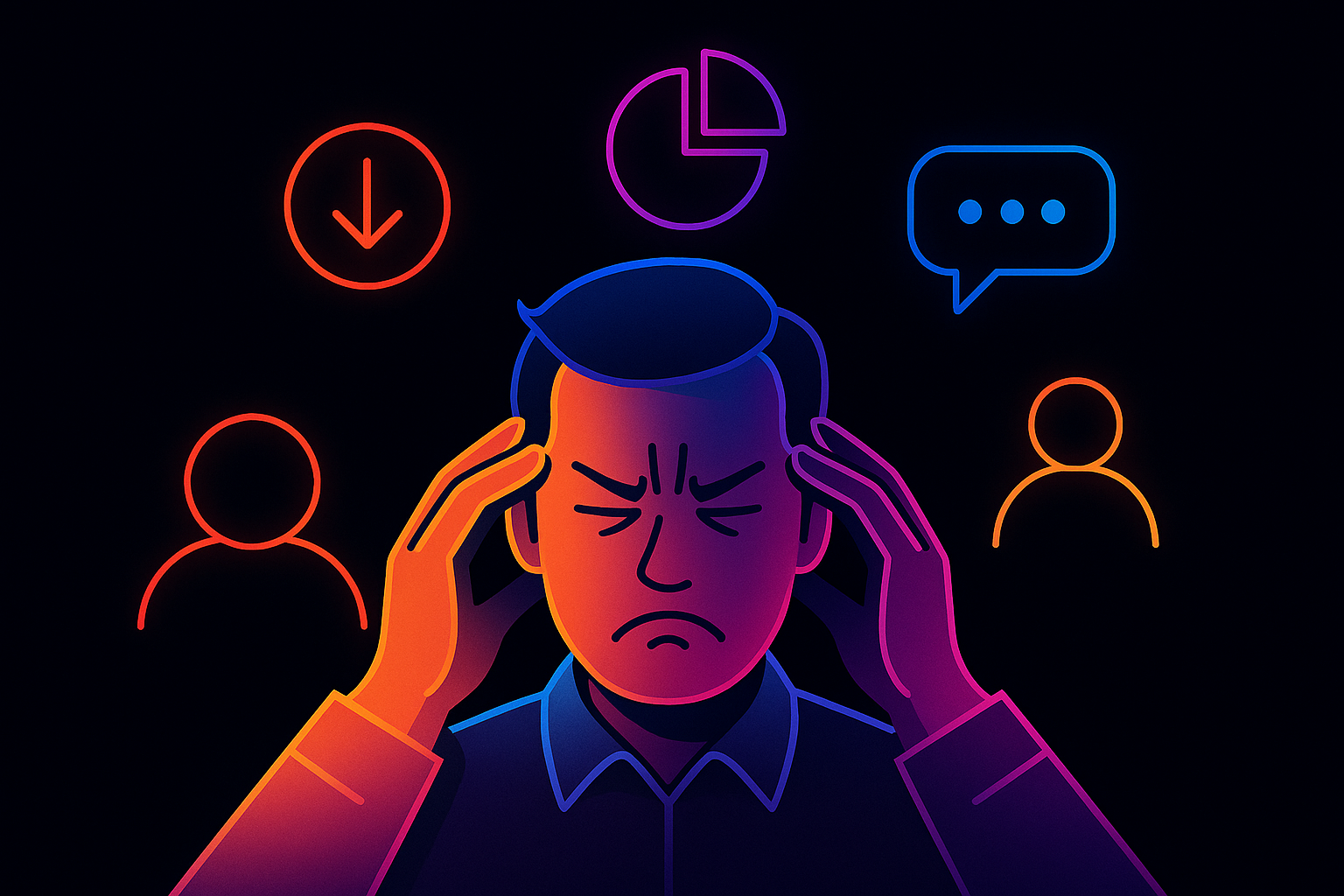 Stressed marketer holding head surrounded by glowing digital icons, symbolizing marketing challenges for crypto startups.