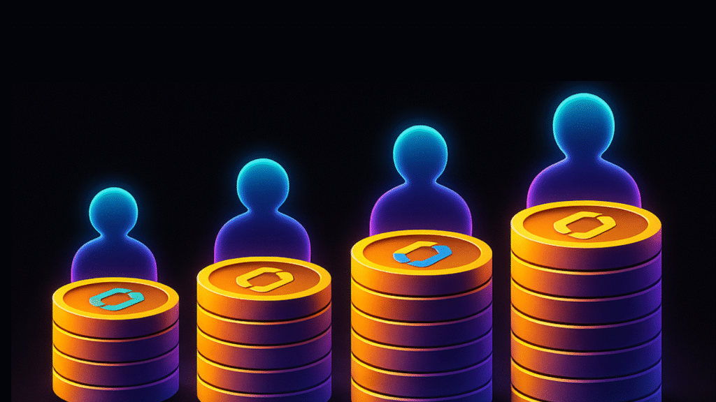 Colorful glowing coins and silhouettes of people on black background, symbolizing turning crypto hype into real token holders.